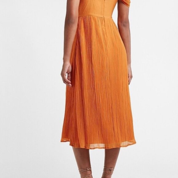 Express Orange Off Shoulder Crinkle Pleat Midi Dress Large - Picture 7 of 10